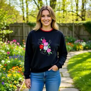 VTG Women XL Pullover Sweatshirt Floral Embroidered Holiday Neck Insert Black